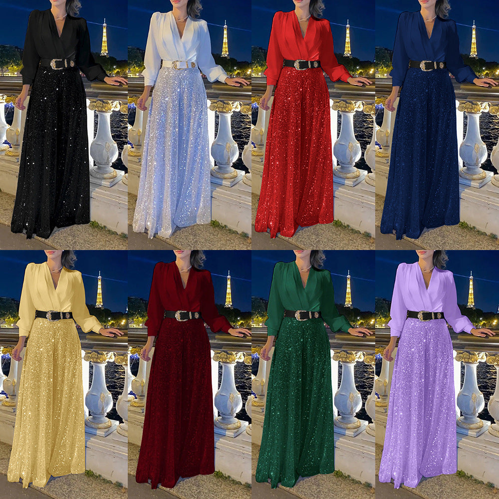 2025 New women's clothing  new models, fashionable V-neck long-sleeved shirt temperament elegant waist and thin sequins wide legs