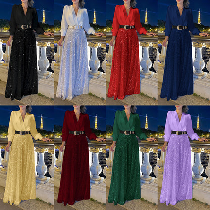 2025 New women's clothing  new models, fashionable V-neck long-sleeved shirt temperament elegant waist and thin sequins wide legs