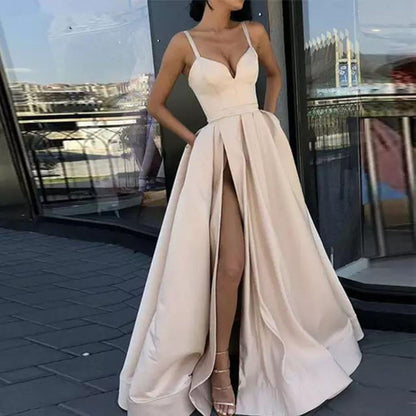 2025 new New spring   dress, thin solid color suspender trailing banquet satin dress
