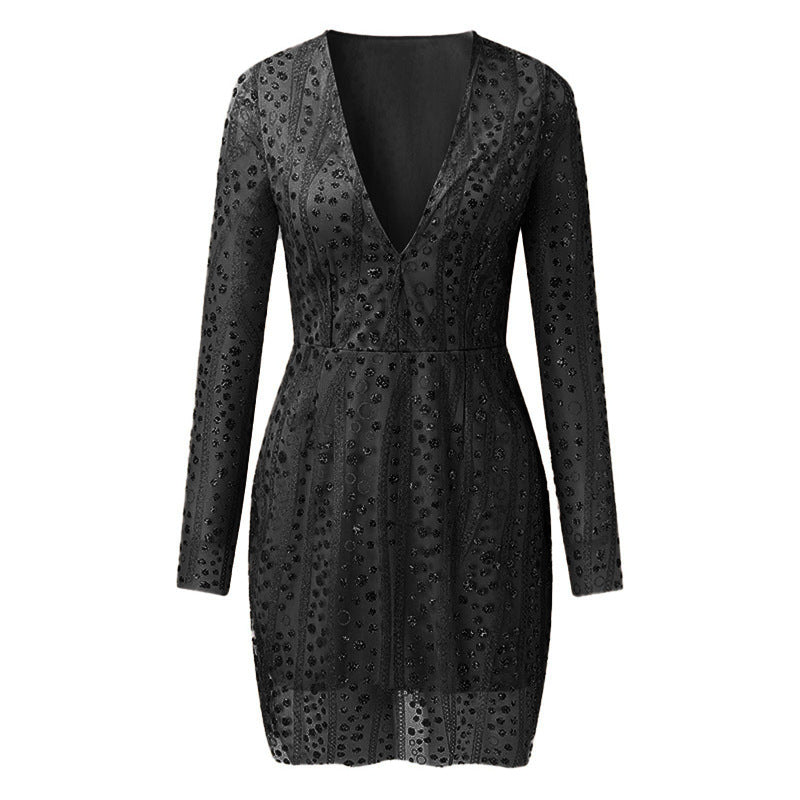 new New  women's ebay dress deep V perspective long-sleeved short dress sprinkled with gold dress