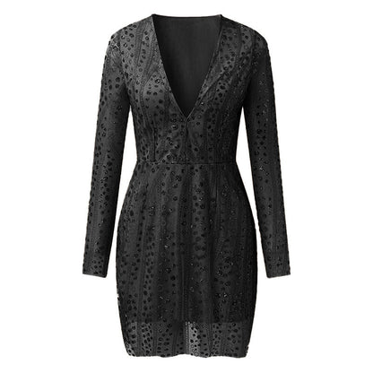 new New  women's ebay dress deep V perspective long-sleeved short dress sprinkled with gold dress