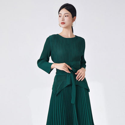 2025 Spring and summer new women's clothing long-sleeved T-shirt women's high-end pleated texture bottoming shirt versatile solid color textured top women