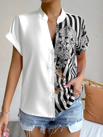 2025 Popular, ,  New women's clothing summer new double-spell contrasting color flower button cardigan short-sleeved shirt women
