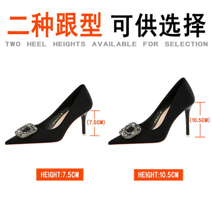 LOVECCR 2025 18249-AK83  banquet women's shoes, thin heels, high heels, shallow mouth, pointed silk, satin metal rhinestone buckle women's shoes