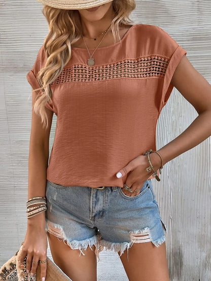 2025 Popular, ,  New women's clothing summer new casual solid color splicing lace hollow short-sleeved top women