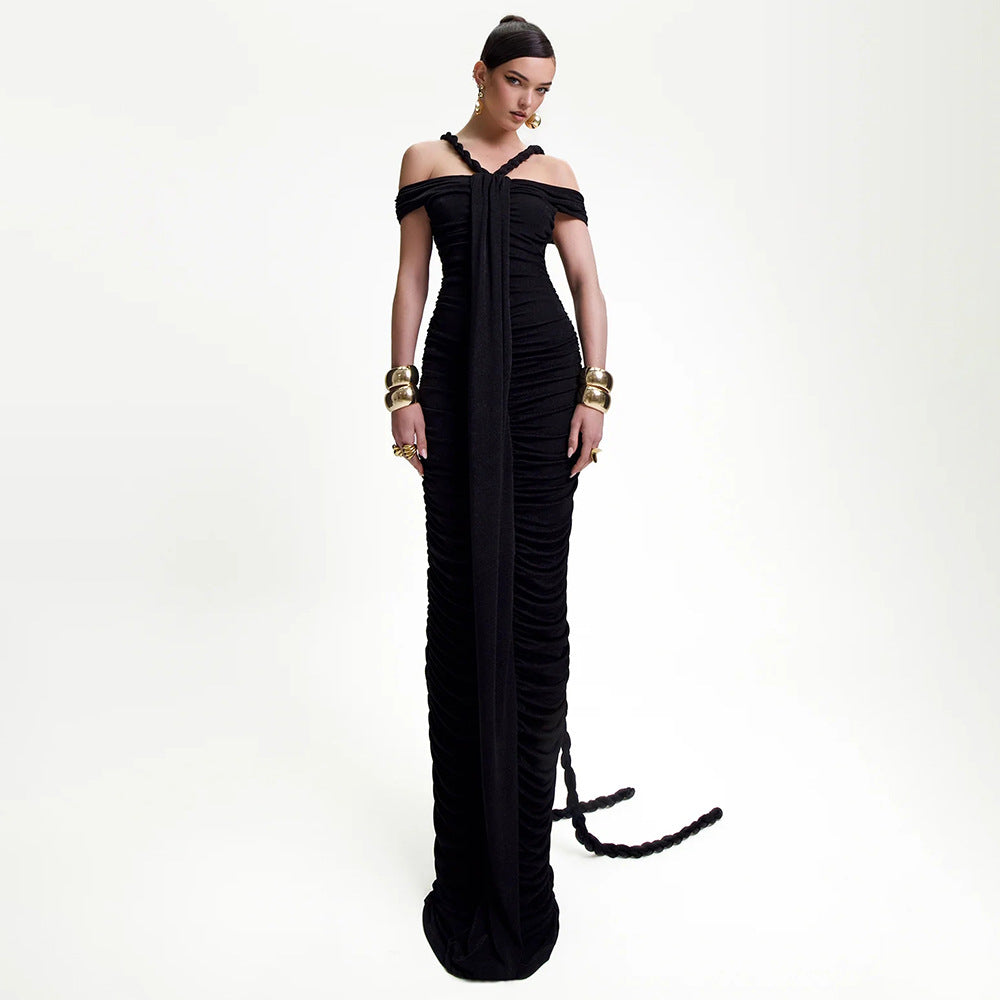 LOVECCR popular Winter New Women's Clothing Elegant Temperament Black One-Neck Braided Pleated High Waist Slim Hip Wrap Dress