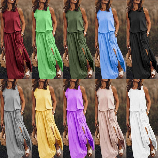 2025 New spring and summer new  Popular trade women's clothing round neck sleeveless dress split fork solid color casual commuter dress