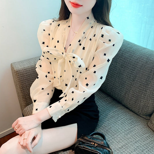 Flocking bow long-sleeved chiffon shirt women's spring 2025 new trend fashion design niche top