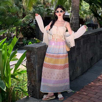 2025 Dopamine seaside vacation suit women's summer bohemian color skirt vest cardigan Sanya travel wear