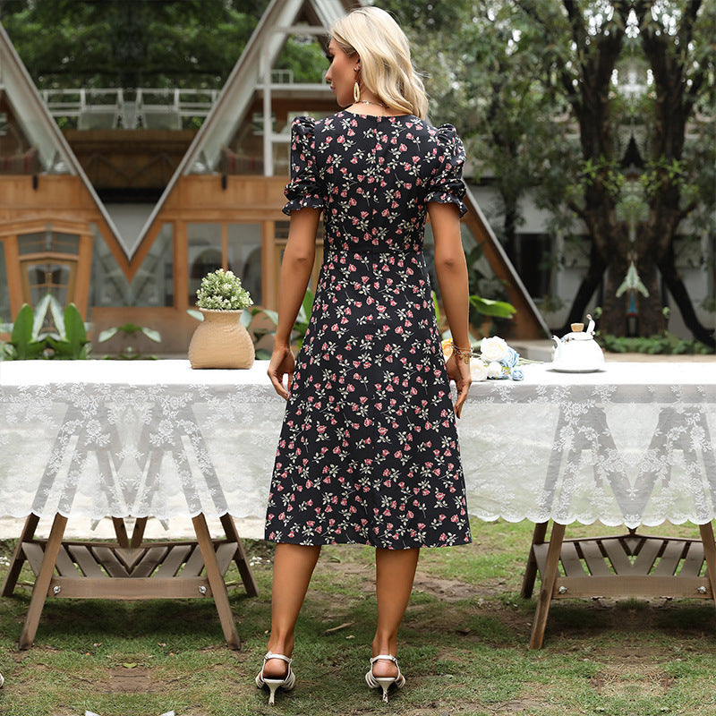 LOVECCR Summer peach heart neck floral skirt  foreign trade women's clothing medium and long bubble sleeve split lisianthus dress wholesale