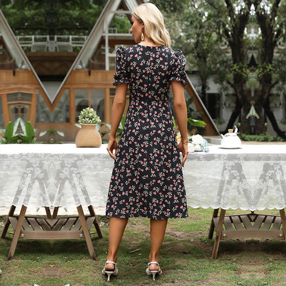 LOVECCR Summer peach heart neck floral skirt  foreign trade women's clothing medium and long bubble sleeve split lisianthus dress wholesale
