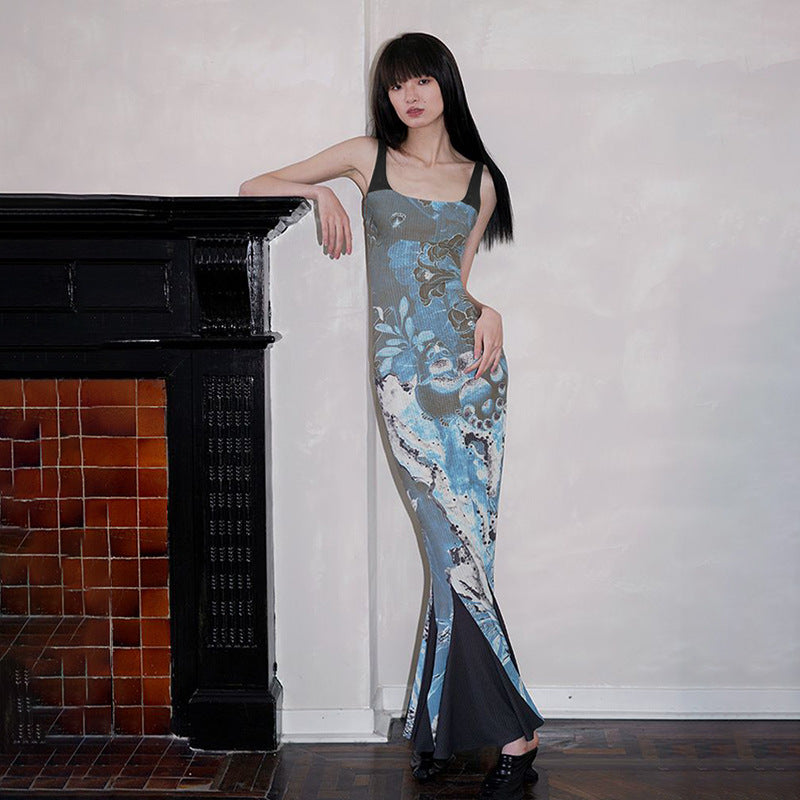 LOVECCR 2025 PB138 popular street style new Y2K long dress printing splicing contrasting color wasteland wind flower suspender dress tide