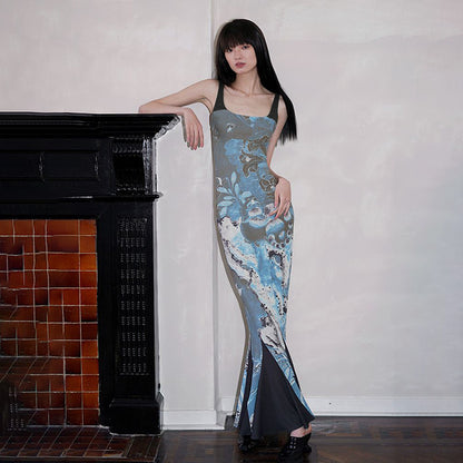 LOVECCR 2025 PB138 popular street style new Y2K long dress printing splicing contrasting color wasteland wind flower suspender dress tide