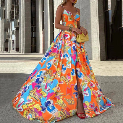 Y9284 2025 Cross-border Summer New 2025 Women's Chiffon Printed Dress Bohemian Holiday Skirt
