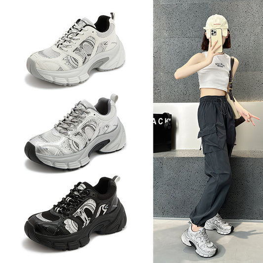 2025 spring and summer new mesh thick-soled heightened lace-up casual versatile sports dad shoes female student tide shoes