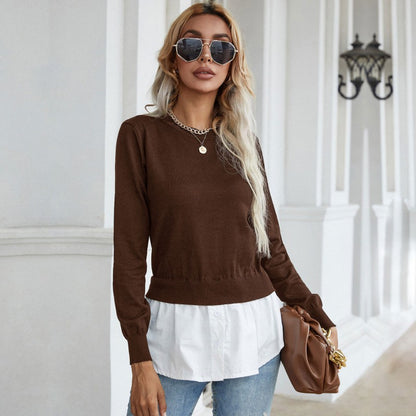 LOVECCR New popular autumn new product fashion shirt splicing top pullover fake two-piece knitted sweater women's clothing