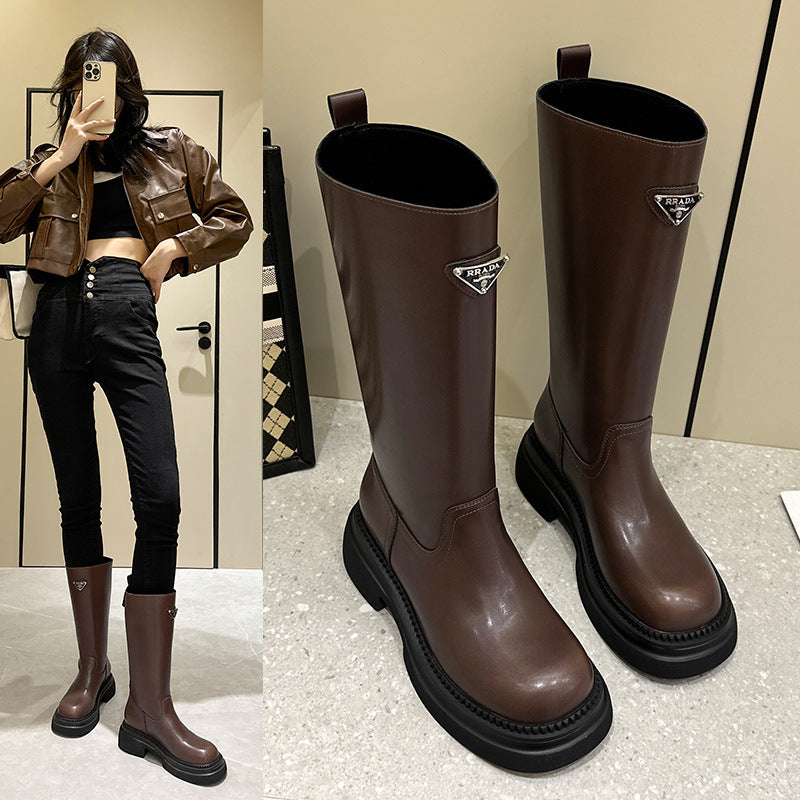 2025 Thick-soled knight boots women's  new trend British style thick heel heightening sleeve Chelsea cowhide medium and high boots