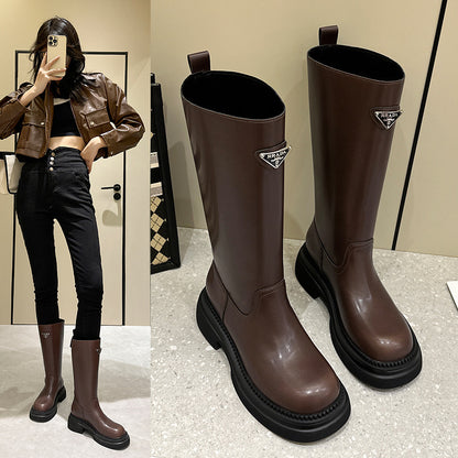 2025 Thick-soled knight boots women's  new trend British style thick heel heightening sleeve Chelsea cowhide medium and high boots