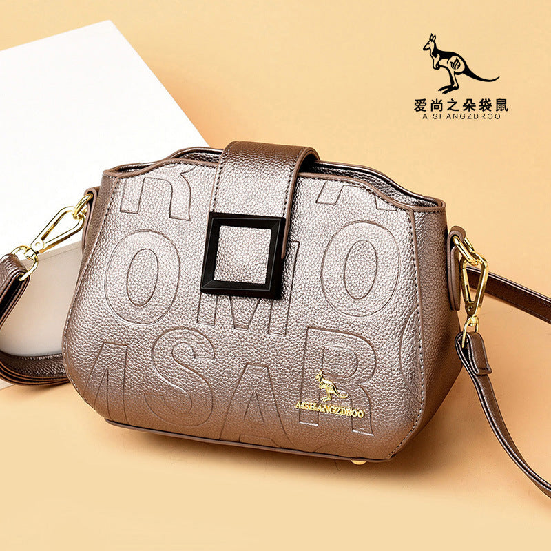 2025 Bag popular New Fashion Letter Embossed Shoulder Bag Simple Square Buckle Middle-aged Mom Bag Wide Shoulder Strap Crossbody Bag
