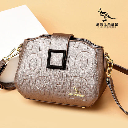 2025 Bag popular New Fashion Letter Embossed Shoulder Bag Simple Square Buckle Middle-aged Mom Bag Wide Shoulder Strap Crossbody Bag