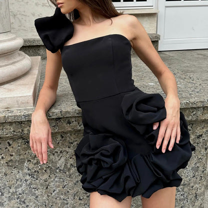 2025 25 Summer new New  women's clothing dress ruffle edge flower bud waist dress single shoulder tube top hip skirt