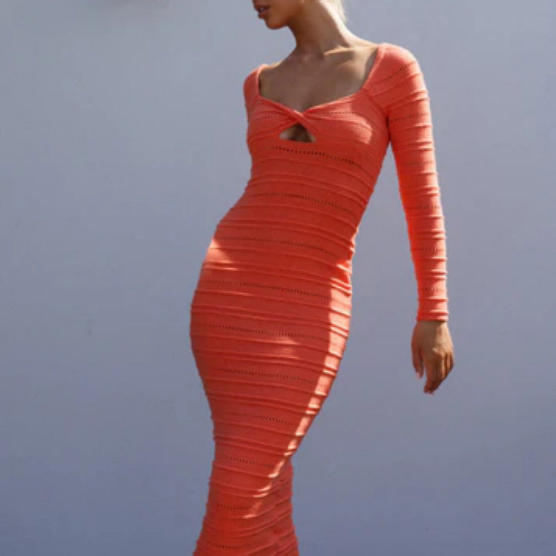 New design sense hot n skirt  sexy hollow long-sleeved knitted dress long dress women