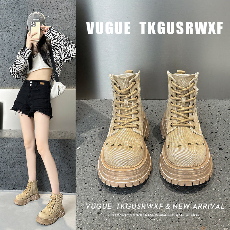 2025 Retro cowboy boots Ripped Martin boots Women's summer and autumn old thick-soled short boots British style single boots Small tooling boots