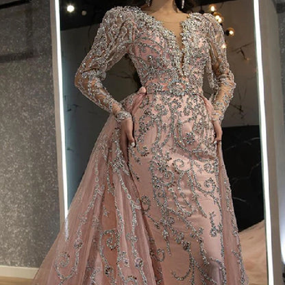 new  New women's clothing , dress sexy V-neck long-sleeved gold trailing evening dress