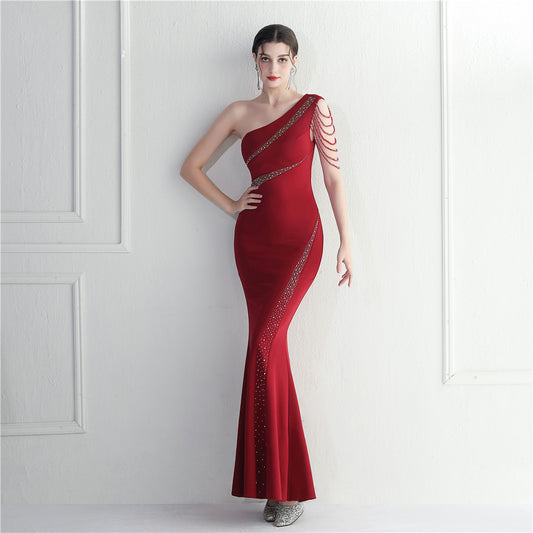 19903 #Hot Trade Spot Fashion Handmade Bead Craft Hot Diamond One Shoulder Slant Neck Sexy Ceremony Long Evening Dress