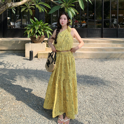 2025 Thailand travel bohemian suit age-reducing yellow slanted shoulder vest top floral long skirt swing skirt two-piece set