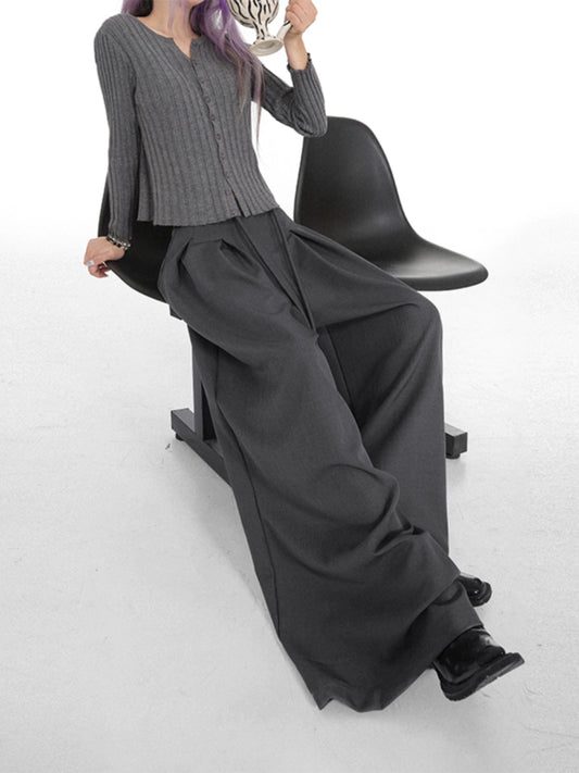 retro suit loose straight wide-leg drawstring zipper adjustable waist casual pleated wide-leg floor pants