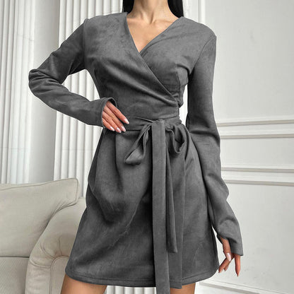 2025 Maillard style suede new long-sleeved lace-up dress popular  autumn fashion matte velvet short skirt women