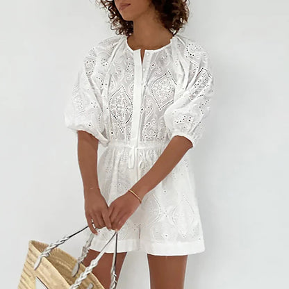 2025   fashion casual white jacquard jumpsuit shorts women's summer waist pure cotton bubble sleeve onesie