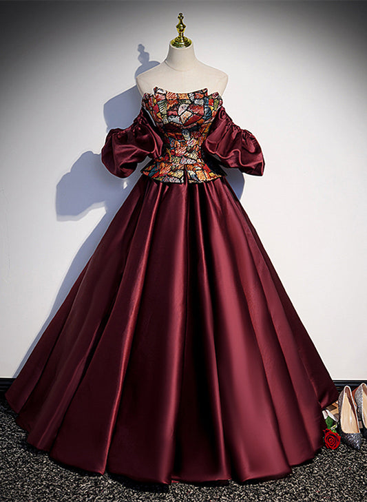 LOVECCRElegant Burgundy Satin Off Shoulder Evening Dress, Burgundy Prom Dress