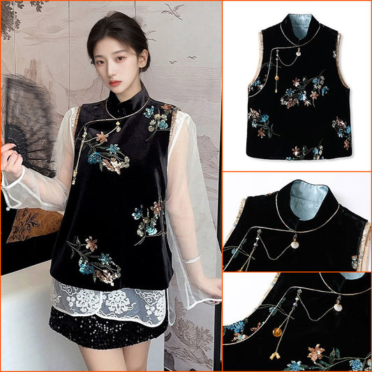 spring new new Chinese satin sequined vest national style temperament design sense black vest M3038