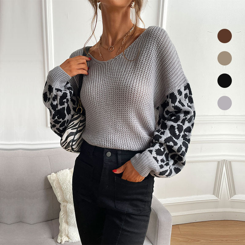 LOVECCR Popular trade autumn and winter popular new V-neck knitted pullover top loose and lazy leopard print splicing sweater women