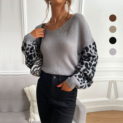 LOVECCR Popular trade autumn and winter popular new V-neck knitted pullover top loose and lazy leopard print splicing sweater women
