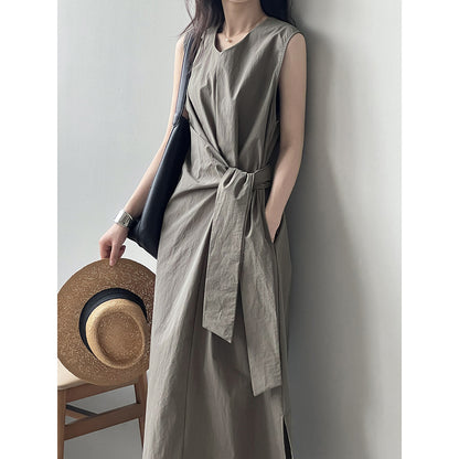 Yan Shuangfu Waist Belt Sleeveless Dress  Summer New Design Sense Tea Break  A- line Dress 9098