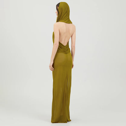 LOVECCR Summer turmeric sleeveless cross-hooded mesh dress 2025 women's clothing New new sexy backless long dress