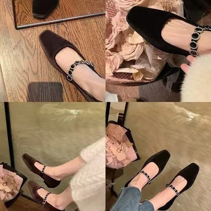 2025 Sheepskin version~ Grape mother  square head shallow mouth high heels one-word diamond belt versatile commuter Mary Jane single shoes women