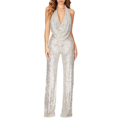 Spot 2025 new  2025 summer New jumpsuit women's sleeveless neck sequined jumpsuit women