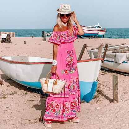 2025 Popular trade spring and summer  independent station wish new one-word shoulder printing long pendulum dress