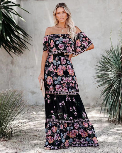 2025 Popularan, n spring and summer independent station 's new one-word shoulder red flower printing long pendulum dress
