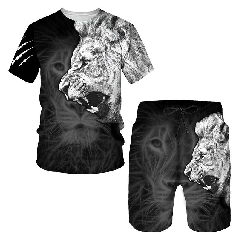 New  Cross Border Men's Suits 3D Digital Printing Animal Figure Short Sleeve Shorts Men's Beach Sports Pants