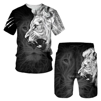 New  Cross Border Men's Suits 3D Digital Printing Animal Figure Short Sleeve Shorts Men's Beach Sports Pants