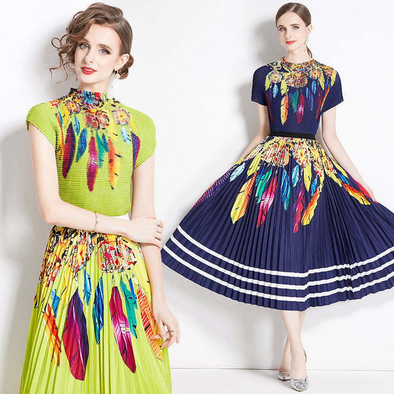 new pleated suit women's short-sleeved printed T-shirt skirt fashion temperament two-piece suit women