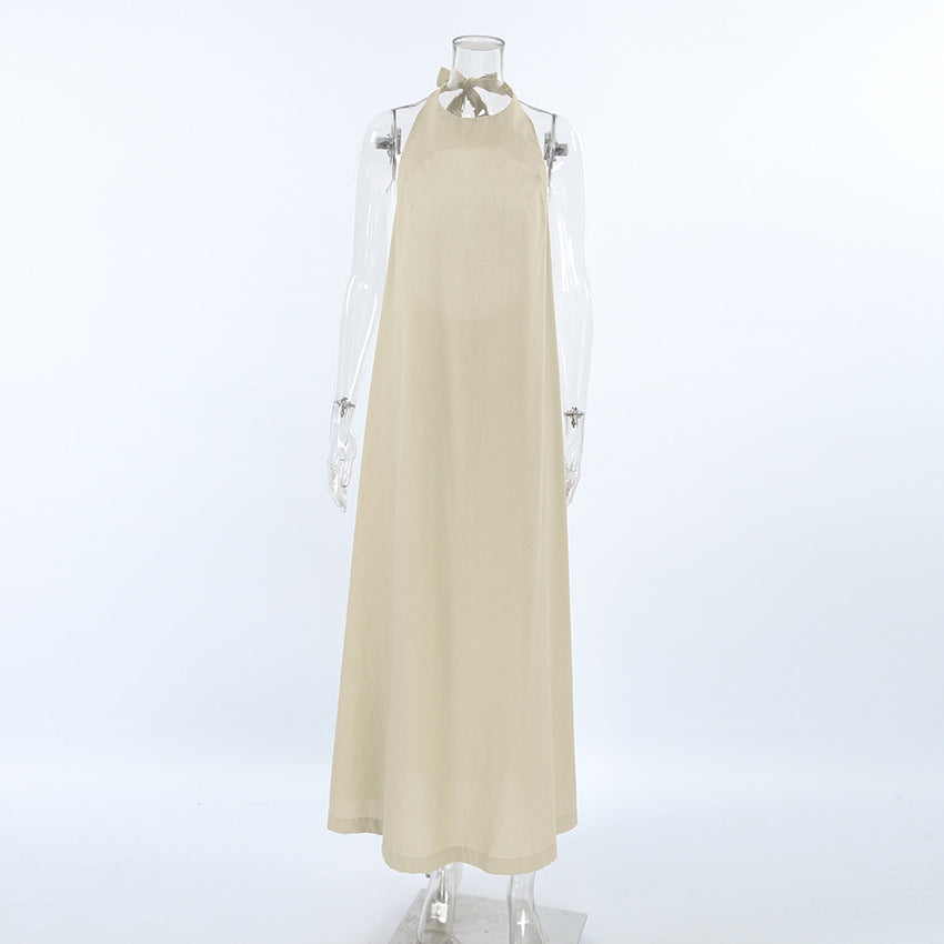 2025 Casual sexy summer lace-up halter fashion dress long dress Russian cotton and linen breathable khaki long dress women's clothing