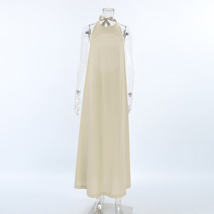 2025 Casual sexy summer lace-up halter fashion dress long dress Russian cotton and linen breathable khaki long dress women's clothing