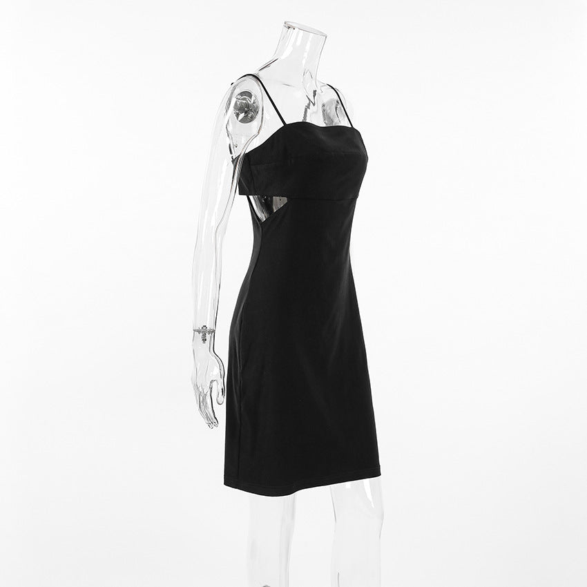 2025 popular Summer Black Mysterious Sexy Suspender Square Neck Hollow Dress  Hot Trade Slim Women's Short Skirt