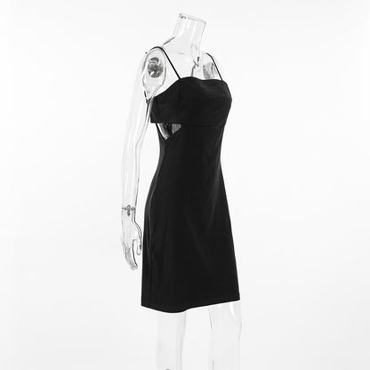 2025 popular Summer Black Mysterious Sexy Suspender Square Neck Hollow Dress  Hot Trade Slim Women's Short Skirt